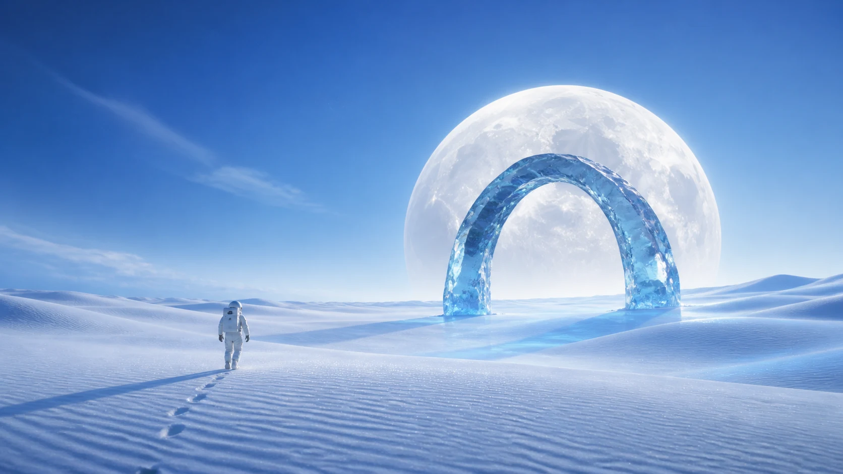 AI-created astronaut crossing a pale blue desert beneath a crystalline arch and oversized moon.